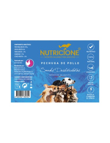 Pechuga de pollo deshidratada en tiras, 60g aprox. snack natural.