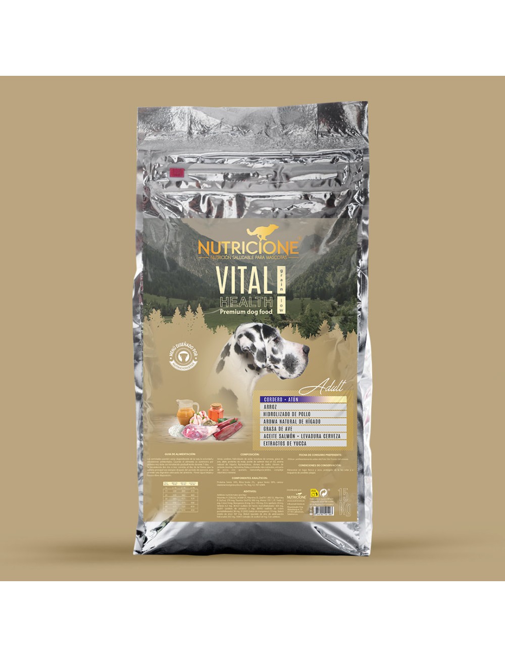 Pienso premium bajo en cereal para perro adulto 15Kg, cordero, pollo y atún.